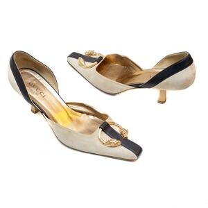 Vntg Gucci Beige Suede & Black Leather Kitten Heel Pumps Lion Head Hardware SZ:9